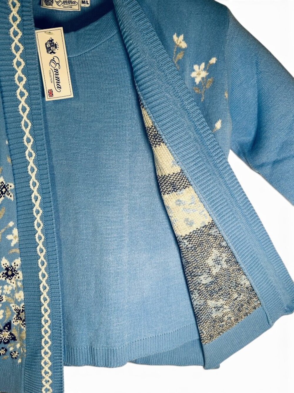 NWT Vintage Emma Collection Blue Floral Knit 2-In-1 Sweater Cardigan Combo M/L - Picture 4 of 10